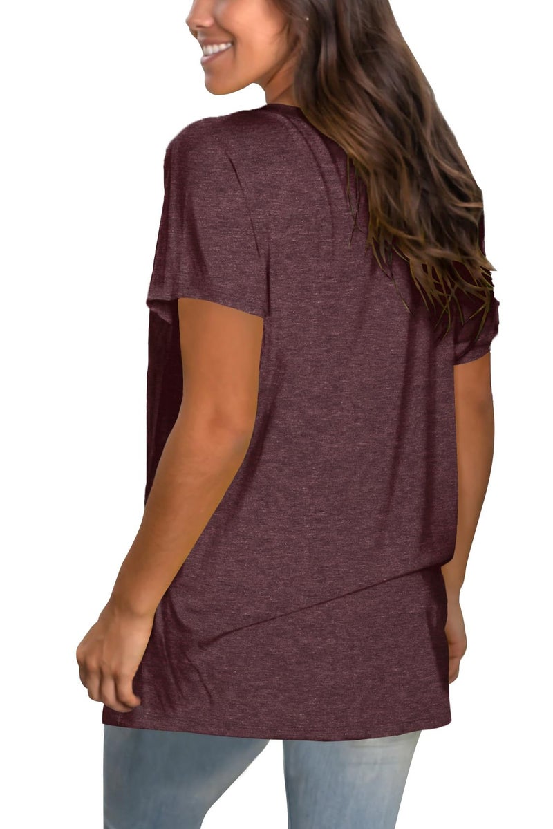 Sipaya Summer Tops for Women V Neck Short Sleeve T Shirts Basic Comfortable Blouses Brick Red S - Image 4